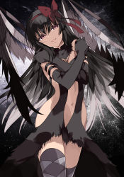 Rule 34 | 1girl, absurdres, akemi homura, akuma homura, argyle, argyle clothes, argyle legwear, backlighting, bare hips, bare shoulders, black dress, black gloves, black hair, black thighhighs, black wings, bow, cowboy shot, dress, elbow gloves, feathered wings, gloves, gradient hair, hair bow, head tilt, highres, long hair, looking at viewer, mahou shoujo madoka magica, mahou shoujo madoka magica: hangyaku no monogatari, misteor, multicolored hair, navel, parted lips, purple bow, revealing clothes, self hug, silver hair, smile, solo, stomach, thighhighs, very long hair, wings