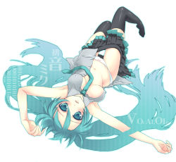 Rule 34 | 1girl, aqua eyes, aqua hair, armpits, between breasts, blush, breasts, cleavage, clothes pull, covered erect nipples, giuniu, hatsune miku, long hair, lying, navel, necktie, on back, open clothes, open shirt, panties, peach-tea, shirt, skirt, skirt pull, solo, thighhighs, twintails, underwear, undressing, upside-down, very long hair, vocaloid, zettai ryouiki