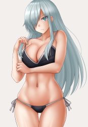 Rule 34 | &gt;:(, 1girl, bare arms, bare shoulders, black bra, black panties, bra, breasts, cleavage, closed mouth, collarbone, commentary, frown, gluteal fold, grey background, grey eyes, hair over one eye, hand up, hataraku saibou, hataraku saibou black, highres, kazenokaze, large breasts, lifting own clothes, looking at viewer, navel, panties, revision, side-tie panties, silver hair, simple background, solo, strap lift, thigh gap, u-1196, underwear, underwear only, v-shaped eyebrows, white blood cell (hataraku saibou)