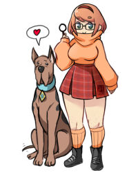 Rule 34 | 1boy, 1girl, animal, black eyes, black footwear, blue eyes, body freckles, breasts, brown hair, cartoon network, collar, dog, ears, el quijote, freckles, freckles on legs, full body, green eyes, hanna-barbera, heart, highres, large breasts, long sleeves, looking at viewer, magnifying glass, no nose, orange socks, orange sweater, puffy sleeves, red skirt, scooby-doo, scooby-doo (character), sitting, skirt, smile, socks, speech bubble, striped clothes, striped skirt, sweat, sweater, tail, thick thighs, thighs, turtleneck, turtleneck sweater, velma dace dinkley, white background