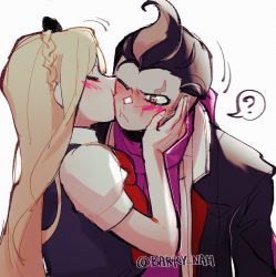 Rule 34 | 1boy, 1girl, ?, barry nah, black bow, black hair, blush, bow, bowtie, braid, closed mouth, couple, danganronpa (series), danganronpa 2: goodbye despair, from side, grey background, grey hair, hair bow, hetero, highres, jacket, kiss, kissing cheek, long hair, multicolored hair, one eye closed, open clothes, open jacket, pink scarf, puffy short sleeves, puffy sleeves, red bow, red bowtie, scarf, short hair, short sleeves, simple background, sonia nevermind, spoken question mark, tanaka gundham, twitter username, upper body