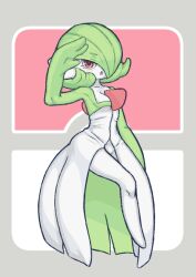 Rule 34 | 1girl, arm at side, arm up, armpits, blush, bob cut, border, breasts, collarbone, colored skin, creatures (company), female focus, full body, game freak, gardevoir, gen 3 pokemon, green hair, green skin, grey border, hair over one eye, invisible chair, legs, light blush, looking at viewer, mentaiko jojotarou, multicolored skin, nintendo, one eye covered, open mouth, outside border, poke ball symbol, pokemon, pokemon (creature), red eyes, short hair, sitting, small breasts, solo, thighs, two-tone background, two-tone skin, white skin