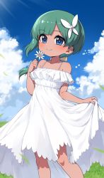 Rule 34 | 1girl, blue eyes, blue sky, blush, borrowed character, closed mouth, cloud, cloudy sky, commentary, day, dress, fang, fictional persona, flower, grey hair, hair ornament, hair ribbon, hairclip, highres, holding, holding flower, kemono friends, long hair, looking at viewer, medium dress, outdoors, ponytail, ransusan, ribbon, skirt hold, sky, smile, solo, spaghetti strap, standing, sundress, tan, tomoe (kemono friends) (niconico88059799), white dress, white flower, white ribbon, yellow ribbon