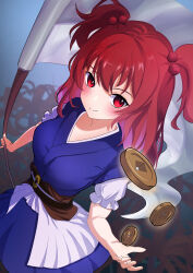 Rule 34 | 1girl, absurdres, blue dress, blue kimono, coin, dress, dutch angle, flower, frilled sleeves, frills, highres, holding, holding scythe, japanese clothes, kimono, kspica i, looking at viewer, onozuka komachi, puffy short sleeves, puffy sleeves, red eyes, red hair, scythe, short sleeves, smile, solo, spider lily, touhou, two side up, upper body