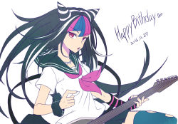 Rule 34 | 1girl, black hair, black scrunchie, blue hair, blue thighhighs, commentary request, danganronpa (series), danganronpa 2: goodbye despair, dated, ear piercing, electric guitar, floating hair, guitar, hair horns, happy birthday, holding, instrument, jewelry, lip piercing, long hair, looking at viewer, mioda ibuki, multicolored hair, music, neckerchief, necklace, nico (nico alice), open mouth, piercing, pink eyes, pink hair, playing instrument, ring, school uniform, scrunchie, serafuku, shirt, simple background, skirt, solo, thighhighs, thumb ring, torn clothes, torn thighhighs, white background, white hair, wrist scrunchie