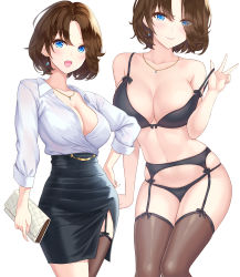 Rule 34 | 1girl, bag, bare arms, bare shoulders, black bra, black panties, black skirt, black thighhighs, blue eyes, bra, breasts, brown hair, brown thighhighs, cleavage, closed mouth, collarbone, collared shirt, commentary request, cowboy shot, earrings, garter belt, garter straps, hamahama, handbag, high-waist skirt, highres, holding, jewelry, large breasts, lingerie, long sleeves, looking at viewer, multiple views, navel, necklace, office lady, open mouth, original, panties, panties over garter belt, pencil skirt, shirt, short hair, simple background, skirt, smile, strap pull, thighhighs, thighs, underwear, white background, white shirt