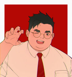 Rule 34 | 1boy, black hair, claw pose, collared shirt, fat, fat man, formal, glasses, highres, looking at viewer, lovesheng1314, male focus, necktie, one eye closed, original, portrait, realistic, round eyewear, shirt, short hair, simple background, solo, thick eyebrows, undercut, upper body, white shirt