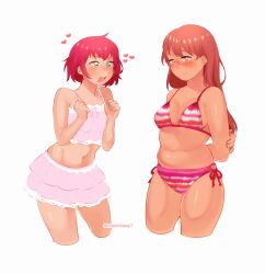 Rule 34 | 2girls, arms behind back, artist name, bikini, blush, breasts, brown hair, chadolbaegi, character request, closed mouth, commentary, copyright request, cropped legs, english commentary, glasses, green eyes, heart, highres, lace trim, long hair, medium breasts, multiple girls, navel, open mouth, orange eyes, pink bikini, pink skirt, plump, red hair, semi-rimless eyewear, side-tie bikini bottom, simple background, skirt, striped bikini, striped clothes, swimsuit, thick thighs, thighs, twitter username, under-rim eyewear, white background