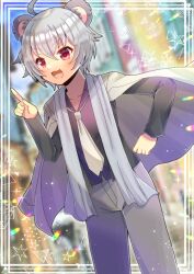 Rule 34 | 1boy, :d, ahoge, black jacket, black shirt, blurry, blurry background, collared shirt, commentary request, commission, copyright request, depth of field, dress shirt, grey hair, grey jacket, grey pants, hair between eyes, hand up, indoors, jacket, jacket on shoulders, koala ears, kou hiyoyo, male focus, necktie, open clothes, open jacket, open mouth, pants, red eyes, shirt, skeb commission, smile, solo, virtual youtuber, white necktie