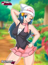 Rule 34 | 1girl, absurdres, belmont, blue hair, cowboy shot, creatures (company), dawn (pokemon), facing viewer, game freak, happy, highres, looking at viewer, nintendo, outdoors, pokemon, pokemon dppt, self-upload, skirt, smile, solo, standing, thick thighs, thighs