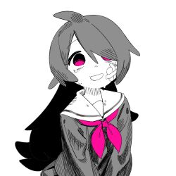 Rule 34 | 1girl, ahoge, bags under eyes, crying, crying with eyes open, dead end chocolate (vocaloid), despair, gauze on cheek, greyscale, hair over one eye, highres, inemuri (jdq5e), long hair, long sleeves, looking up, monochrome, neckerchief, no pupils, open mouth, pink eyes, pink neckerchief, school uniform, serafuku, shirt, simple background, solo, spot color, tears, upper body, v arms, wide-eyed, yotsuya moe
