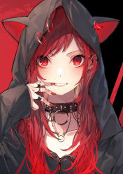 Rule 34 | 1girl, animal hood, black background, black collar, black jacket, collar, commentary request, ear piercing, earrings, fingersmile, grin, highres, hood, hood up, hooded jacket, jacket, jewelry, kuwashima rein, long hair, looking at viewer, nail polish, original, piercing, red background, red eyes, red hair, red nails, ring, sleeves past wrists, smile, solo, swept bangs, upper body, zipper