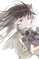 Rule 34 | 1girl, akemi homura, baifeidaiwang, black hair, bouquet, chinese commentary, commentary request, ear piercing, expressionless, floating hair, flower, hairband, holding, holding bouquet, long hair, long sleeves, looking at viewer, mahou shoujo madoka magica, mahou shoujo madoka magica (anime), piercing, purple eyes, red hairband, shirt, simple background, sketch, solo, upper body, white background, white shirt