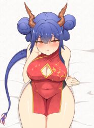 Rule 34 | 1girl, arknights, bad id, bad pixiv id, bare shoulders, blue hair, blush, bori (3910234), breasts, ch&#039;en (ageless afterglow) (arknights), ch&#039;en (arknights), china dress, chinese clothes, cleavage, cleavage cutout, clothing cutout, covered navel, double bun, dragon horns, dragon tail, dress, hair bun, highres, horns, large breasts, looking at viewer, official alternate costume, parted lips, red eyes, sitting, sleeveless, sleeveless dress, solo, sweatdrop, tail