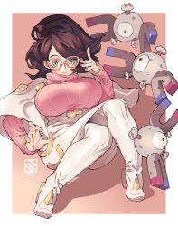 Rule 34 | 1girl, big hair, breasts, creatures (company), game freak, gen 1 pokemon, glasses, green eyes, highres, large breasts, magnemite, nintendo, pink-framed eyewear, poch4n, pokemon, pokemon (creature), pokemon sm, purple hair, ribbed sweater, short hair, smile, sweater, turtleneck, turtleneck sweater, wicke (pokemon)