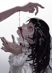 Rule 34 | 1girl, 1other, barbell piercing, black hair, black nails, bleeding, blood, blood on clothes, blood on face, blood on hands, choker, cross hair ornament, dress, drinking blood, dripping, ear piercing, earrings, end80236189, fangs, frilled sleeves, frills, gradient background, hair ornament, hairclip, highres, industrial piercing, injury, jewelry, lace-trimmed choker, lace trim, long hair, nail polish, open mouth, original, out of frame, piercing, pointy ears, red eyes, scar, scar on arm, self-harm, solo focus, star (symbol), star hair ornament, stud earrings, sword, teeth, tongue, tongue out, upper body, weapon, white choker, white dress, wrist cutting, x hair ornament