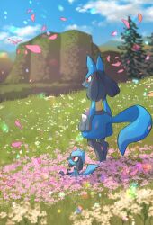 Rule 34 | absurdres, artist name, blue sky, blurry, blurry background, closed mouth, cloud, commentary request, creatures (company), day, evolutionary line, falling petals, flower, game freak, gen 4 pokemon, grass, highres, light particles, lucario, mountain, mountainous horizon, nintendo, no humans, nullma, on grass, outdoors, petals, pink flower, pokemon, pokemon (creature), red eyes, riolu, scenery, signature, sitting, sky, smile, spikes, standing, tree, white flower