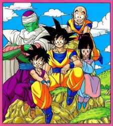 Rule 34 | 1girl, 3boys, bald, black hair, blue footwear, boots, brown footwear, chi-chi (dragon ball), colored skin, dragon ball, dragonball z, family, father and son, grass, green skin, hair between eyes, husband and wife, kuririn, mother and son, multiple boys, muscular, muscular arms, muscular child, muscular male, namekian, official art, piccolo, pointy ears, scan, son gohan, son goku, spiked hair, tagme, turban