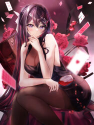 Rule 34 | 1girl, absurdres, azki (hololive), backless dress, backless outfit, black dress, black pantyhose, blush, brown pantyhose, cup, dress, drinking glass, flower, hair ornament, highres, holding, holding cup, hololive, long hair, looking at viewer, multicolored hair, pantyhose, pink eyes, pink hair, purple hair, red flower, red rose, rose, sitting, solo, thighs, two-tone hair, virtual youtuber, wine glass, yuki haru