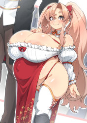 Rule 34 | 1boy, 1girl, :3, absurdres, areola slip, big belly, blonde hair, blush, boots, bow, breasts, brown hair, cowboy shot, curvy, detached collar, detached sleeves, dwarf princess (konoshige), eyebrows hidden by hair, fang, frills, hair bow, hair ribbon, highleg, highleg panties, highres, holding hands, huge areolae, huge breasts, knee boots, konoshige (ryuun), long hair, looking at viewer, original, outie navel, panties, pelvic curtain, pregnant, ribbon, shiny skin, shortstack, sidelocks, skindentation, smile, solo focus, standing, thick eyebrows, thick thighs, thighhighs, thighs, twintails, underwear, very long hair, white legwear, wide hips