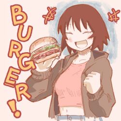 Rule 34 | 1girl, :d, ^ ^, azumanga daiou, blue background, blue pants, blush, breasts, brown hair, brown jacket, burger, closed eyes, collarbone, crop top, cropped shirt, denim, denkirk, english text, food, happy, holding, holding food, jacket, jeans, kagura (azumanga daioh), large breasts, leather, leather jacket, long sleeves, midriff, navel, notice lines, oekaki, open clothes, open jacket, open mouth, pants, pink shirt, shirt, short hair, sketch, smile, solo, white background