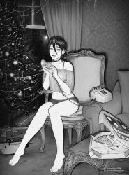 Rule 34 | 1girl, absurdres, barefoot, bra strap, chainsaw man, choker, christmas tree, commentary, curtains, dolphin shorts, domino&#039;s pizza, food, full body, greyscale, groin, hair between eyes, highres, holding, holding phone, instagram username, marvin (omarvin), midriff, monochrome, navel, objectification, off-shoulder shirt, off shoulder, parted lips, phone, pizza, pizza box, pizza slice, pochita (chainsaw man), reze (chainsaw man), shirt, short shorts, shorts, signature, slippers, smile, solo, twitter username, window