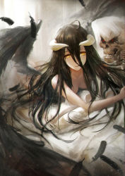 Rule 34 | 1girl, ahoge, ainz ooal gown, albedo (overlord), ass, bed sheet, black hair, black wings, breasts, dakimakura (object), demon horns, feathered wings, feathers, hair between eyes, highres, horns, indoors, long hair, looking at viewer, lying, medium breasts, neko (314089734), nude, hugging object, on bed, on stomach, overlord (maruyama), parted lips, pillow, pillow hug, skeleton, smile, solo, wings, yellow eyes