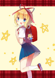 Rule 34 | 1girl, :&gt;, :d, absurdres, alternate costume, ass, ass peek, backpack, bag, blonde hair, blue dress, blue eyes, blue skirt, blush, blush stickers, commentary request, cowboy shot, doll, dress, from side, head tilt, highres, jiji (381134808), charm (object), leg up, looking at viewer, mary janes, medicine melancholy, open mouth, randoseru, red ribbon, ribbon, school uniform, shirt, shoes, short sleeves, skirt, smile, socks, solo, star (symbol), su-san, touhou, white shirt, white socks, wings, yellow background