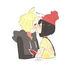 Rule 34 | 1boy, 1girl, ahoge, averting eyes, bag, black hair, black hoodie, black jacket, blonde hair, blush, closed eyes, closed mouth, creatures (company), cropped torso, drawstring, embarrassed, floral print, from side, game freak, gladion (pokemon), green eyes, hair over one eye, hand up, heart, hetero, hood, hoodie, jacket, japanese text, kiss, long sleeves, looking to the side, nintendo, nose blush, pokemon, pokemon sm, profile, selene (pokemon), shirt, short hair, short sleeves, simple background, sweat, torn clothes, translation request, unapoppo, upper body, white background, yellow shirt