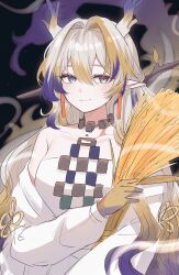 Rule 34 | 1girl, arknights, black background, blonde hair, blue eyes, blush, commentary, dragon girl, dragon horns, dragon tail, dress, earrings, highres, holding wheat, horns, hyeroin, jacket, jewelry, looking at viewer, multicolored hair, necklace, off shoulder, pointy ears, purple hair, shu (arknights), simple background, sketch, smile, solo, tail, tassel, tassel earrings, upper body, wheat, white dress, white hair, white jacket