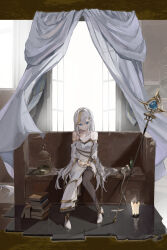 Rule 34 | 1girl, absurdres, bare shoulders, belt, bird, bird on hand, birdcage, black gloves, black thighhighs, blonde hair, blue eyes, blue gemstone, book, book stack, bottle, bridal gauntlets, cage, closed mouth, commentary, couch, dress, gem, gloves, gold trim, hair between eyes, hair ornament, hairclip, highres, indoors, lantern, long hair, long sleeves, looking at viewer, mia cbx, off-shoulder dress, off shoulder, on couch, original, ribbon, sidelocks, sitting, solo, staff, thighhighs, very long hair, white curtains, white dress, white footwear, white hair, white ribbon, wide sleeves, window