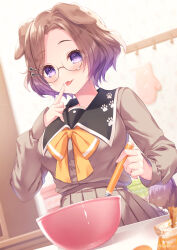Rule 34 | 1girl, animal ears, blurry, blurry background, blush, bowl, breasts, brown hair, commission, dog ears, dog girl, dog tail, dutch angle, fang, finger to mouth, floppy ears, food on hand, glasses, hair ornament, hairclip, highres, itsuki jun, kemomimi refle!, kitchen, komae nadeshiko, large breasts, long sleeves, looking at viewer, medium hair, purple eyes, round eyewear, school uniform, skeb commission, skin fang, solo, tail, teardrop-framed glasses, tongue, tongue out, twitter username, upper body, virtual youtuber