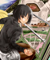 Rule 34 | 1girl, amagami, black hair, black pantyhose, black sweater, brown eyes, building, christmas, christmas tree, commentary, ferris wheel interior, from above, from behind, grey skirt, hair strand, jacket, unworn jacket, leaning forward, light smile, looking at viewer, looking back, looking up, murasaki iro, nanasaki ai, outstretched arm, pantyhose, parted lips, river, road, roller coaster, short hair, sitting, skirt, smile, snowman, solo, street, sweater, turtleneck, turtleneck sweater, yellow jacket