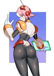 Rule 34 | android, ass, bad id, bad twitter id, belt, blue eyes, bodysuit, capcom, from behind, gloves, hand gesture, headgear, holding, holographic monitor, index finger raised, looking at viewer, looking back, mega man (series), mega man x: command mission, mega man x (series), multicolored hair, nana (mega man x: command mission), pink hair, shiny clothes, short hair, simple background, skin tight, solo, spandex, sweatdrop, two-tone hair, ukimukai, white gloves, white hair