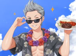 Rule 34 | 1boy, absurdres, adjusting eyewear, beef, cloud, cloudy sky, fire emblem, fire emblem fates, flower, flower necklace, food, fruit, grey eyes, grey hair, hawaiian shirt, highres, holding, holding plate, igni tion, jewelry, lemon, lemon slice, lobster, necklace, nintendo, non-web source, outdoors, plate, resolution mismatch, seafood, shirt, silas (fire emblem), sky, smile, solo, source smaller, sunglasses, unbuttoned, unbuttoned shirt, upper body