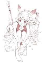 Rule 34 | 1girl, animal ears, bare legs, bare shoulders, barefoot, character request, coin, crown, facial mark, fake animal ears, feet, female focus, full body, gloves, halterneck, head tilt, legs, leotard, loan knight, looking at viewer, money, monochrome, on floor, one-piece swimsuit, playboy bunny, rabbit ears, scepter, short hair, simple background, sitting, sketch, sleeveless, smile, solo, swimsuit, sword, toes, traditional media, treasure, treasure chest, weapon, white background, yoshitomi akihito