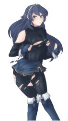Rule 34 | 1girl, angry, bare shoulders, blue eyes, blue hair, blush, boots, breasts, clenched teeth, collarbone, collared shirt, crown, curvy, embarrassed, fingerless gloves, fire emblem, fire emblem awakening, fire emblem heroes, frown, gloves, hair between eyes, headband, highres, long hair, looking at viewer, lucina (fire emblem), nintendo, nipples, open mouth, parted lips, scowl, shirt, small breasts, solo, tearing up, tears, teeth, thighs, torn clothes, transparent background, tridisart, wide hips