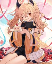Rule 34 | 1girl, ;q, bare shoulders, black shirt, black shorts, blonde hair, cake, cake slice, closed mouth, curled horns, eating, food, fork, holding, horns, jacket, kagase uno, long hair, long sleeves, looking at viewer, one eye closed, open clothes, open jacket, orange eyes, orange jacket, plate, shirt, short shorts, shorts, shugao, sitting, smile, solo, thighs, tongue, tongue out, twintails, undershirt, unzipped, versen, virtual youtuber, wide sleeves, zipper