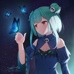 Rule 34 | 1girl, artist name, backlighting, blue butterfly, blue dress, brooch, bug, butterfly, butterfly on hand, detached sleeves, double bun, dress, drop earrings, earrings, flat chest, green hair, hair bun, hair ornament, hand up, highres, hololive, insect, jewelry, looking at animal, red eyes, short hair with long locks, signature, skull earrings, skull hair ornament, sky, skyrail, smile, solo, star (sky), starry sky, uruha rushia, uruha rushia (1st costume), virtual youtuber, wide sleeves
