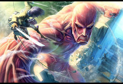 Rule 34 | 2boys, action, bald, battle, city, colossal titan, debris, destruction, dual wielding, eren yeager, foreshortening, from above, giant, giant monster, holding, kaijuu, letterboxed, manly, monster, multiple boys, murase, murase rintarou, muscular, nude, shingeki no kyojin, sword, teeth, three-dimensional maneuver gear, titan (shingeki no kyojin), weapon