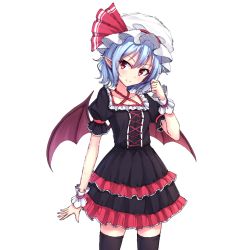 Rule 34 | 1girl, alternate costume, bat wings, black thighhighs, blue hair, cowboy shot, criss-cross halter, cross-laced clothes, frilled skirt, frills, halterneck, halterneck, hat, junior27016, lolita fashion, miniskirt, mob cap, pointy ears, puffy short sleeves, puffy sleeves, red eyes, remilia scarlet, short hair, short sleeves, simple background, skirt, smile, solo, thighhighs, touhou, white background, wings, wrist cuffs, zettai ryouiki