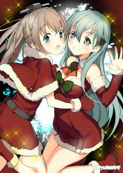 Rule 34 | 10s, 2girls, :o, aqua hair, black eyes, bow, brown hair, capelet, christmas, christmas tree hair ornament, commentary request, ascot, detached collar, detached sleeves, fur-trimmed capelet, fur trim, gloves, hair ornament, kantai collection, kumano (kancolle), long hair, multiple girls, naitou ryuu, ponytail, santa costume, smile, sparkle, suzuya (kancolle), twitter username