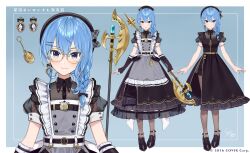 Rule 34 | 1girl, :o, apron, bardiche (weapon), black dress, blue eyes, blue hair, braid, dress, earrings, fingerless gloves, full body, gloves, grey apron, hair between eyes, hair ornament, hairclip, halberd, hat, highres, holding, holding weapon, hololive, hoshimachi suisei, hoshimachi suisei (maid), jewelry, long hair, looking at viewer, maid headdress, multiple views, official art, pantyhose, pink nails, polearm, puffy short sleeves, puffy sleeves, saekiyahiro, see-through, see-through sleeves, shoes, short sleeves, signature, simple background, single braid, star (symbol), star in eye, symbol in eye, virtual youtuber, weapon, zipper