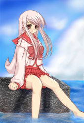 Rule 34 | 00s, 1girl, barefoot, long hair, lucy maria misora, pink eyes, pink hair, school uniform, sitting, solo, to heart (series), to heart 2, water