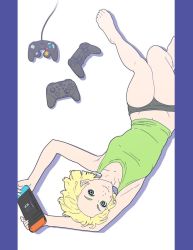 Rule 34 | 1girl, armpits, arms (game), black panties, blonde hair, controller, food, full body, game console, game controller, gamecube controller, green eyes, handheld game console, holding, holding handheld game console, joy-con, looking at viewer, min min (arms), navel, nintendo, nintendo switch, no headwear, no mask, panties, playing games, playstation 4, shirt, short hair, simple background, sjw kazuya, smile, solo, super smash bros., underwear
