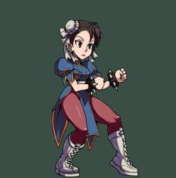 Rule 34 | 1girl, alex ahad (style), boots, bracelet, breasts, brown eyes, brown hair, brown pantyhose, capcom, chinese clothes, chun-li, clenched hand, double bun, drawfag, earrings, female focus, fighting stance, green background, hair bun, hair ornament, hair ribbon, jewelry, pantyhose, parody, puffy short sleeves, puffy sleeves, ribbon, short sleeves, simple background, skullgirls, solo, street fighter, studded bracelet, style parody, thick thighs, thighs, white footwear