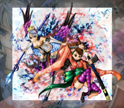 Rule 34 | 2girls, armor, armored dress, bare shoulders, blue eyes, breasts, brown eyes, brown hair, cleavage, company connection, crossover, dress, eiji (eiji), feathers, flower, gwendolyn (odin sphere), hair flower, hair ornament, japanese clothes, katana, kimono, medium breasts, momohime, multiple girls, oboro muramasa, odin sphere, polearm, sandals, sheath, sheathed, short kimono, silver hair, spear, strapless, strapless dress, sword, thighhighs, unsheathing, weapon, zoom layer