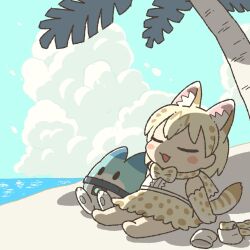 Rule 34 | 1girl, :d, animal ears, beach, blonde hair, blue sky, blush, bow, bowtie, chibi, closed eyes, cloud, commentary request, day, extra ears, full body, gloves, highres, kemono friends, kemono friends 3, kuro shiro (kuro96siro46), lucky beast (kemono friends), multicolored hair, ocean, open mouth, outdoors, palm tree, print bow, print bowtie, print gloves, print skirt, serval print, shade, shirt, short hair, sitting, skirt, sky, sleeveless, sleeveless shirt, smile, solo, tail, unworn thighhighs, tree, water, white serval (kemono friends), white shirt, yellow gloves, yellow skirt