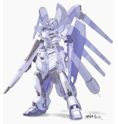 Rule 34 | absurdres, arm shield, char&#039;s counterattack, char&#039;s counterattack - beltorchika&#039;s children, clenched hand, fin funnels, full body, green eyes, gun, gundam, hi-nu gundam, highres, holding, holding gun, holding weapon, looking down, mecha, mobile suit, no humans, otoi (zgmfx90e), robot, shadow, solo, v-fin, weapon