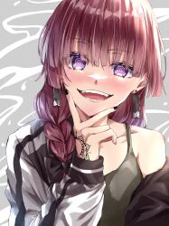 Rule 34 | 1girl, @ @, black nails, blunt bangs, blush, bocchi the rock!, braid, collarbone, crazy eyes, crazy smile, dress, earrings, fingernails, green dress, grey background, hair over shoulder, hanafuda earrings, hand on own chin, hand tattoo, highres, hiroi kikuri, jacket, jewelry, kikugawa roku, long hair, long sleeves, looking at viewer, nail polish, off shoulder, open mouth, purple eyes, red hair, single bare shoulder, single braid, smile, solo, tattoo, teeth, two-tone background, upper body, v over mouth